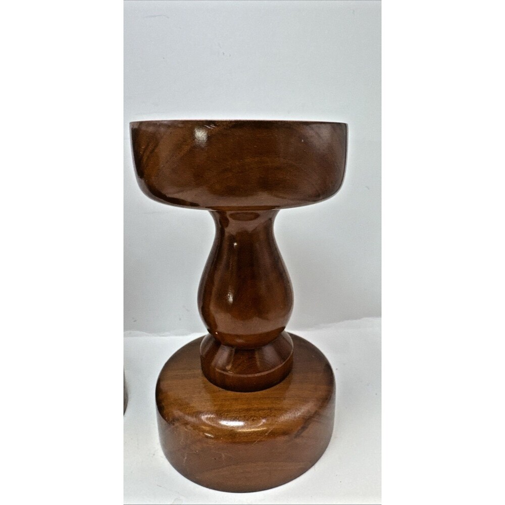 Pair Heavy VTG MCM Hardwood Pillar Candlesticks Hand Turned Signed 6.5 Inches - Picture 3 of 6